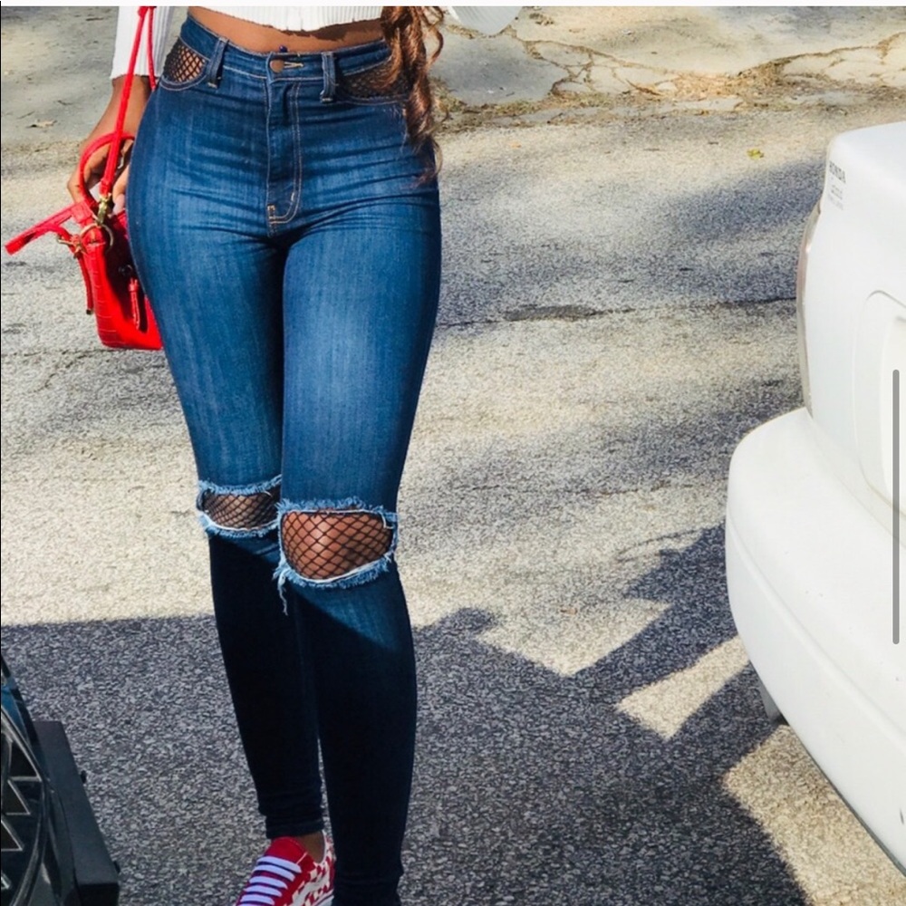 FashionNova high waist distressed fishnet jeans